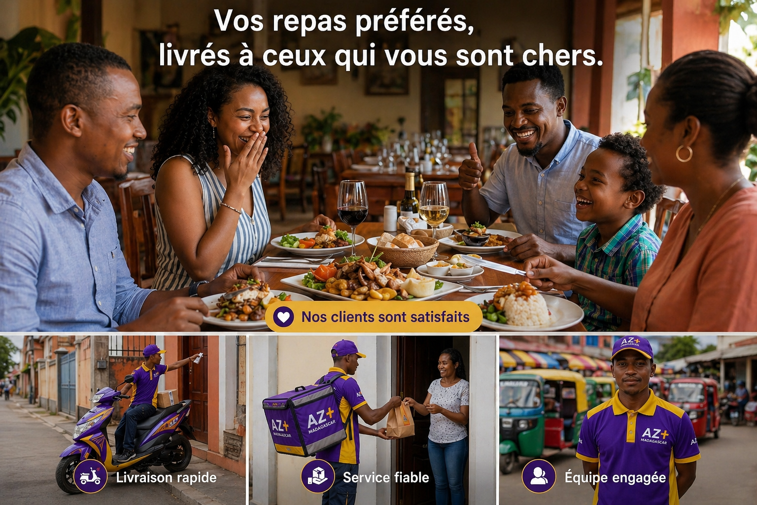 AZ+ — clients satisfaits, livraison rapide, service fiable, équipe engagée